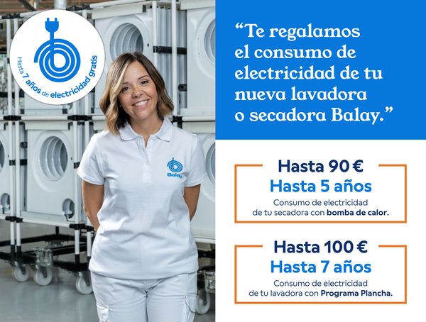 Empleada de Balay con el texto "Te regalamos el consumo de electricidad de tu nueva lavadora o secadora Balay".