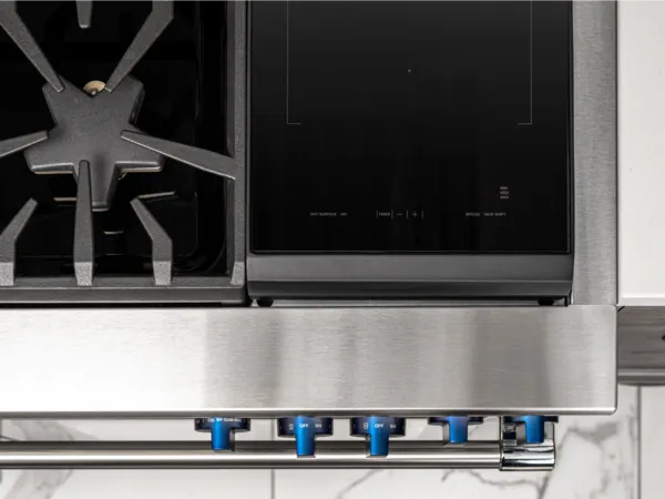 thermador luxury 48 inch ranges with induction module and blue knobs