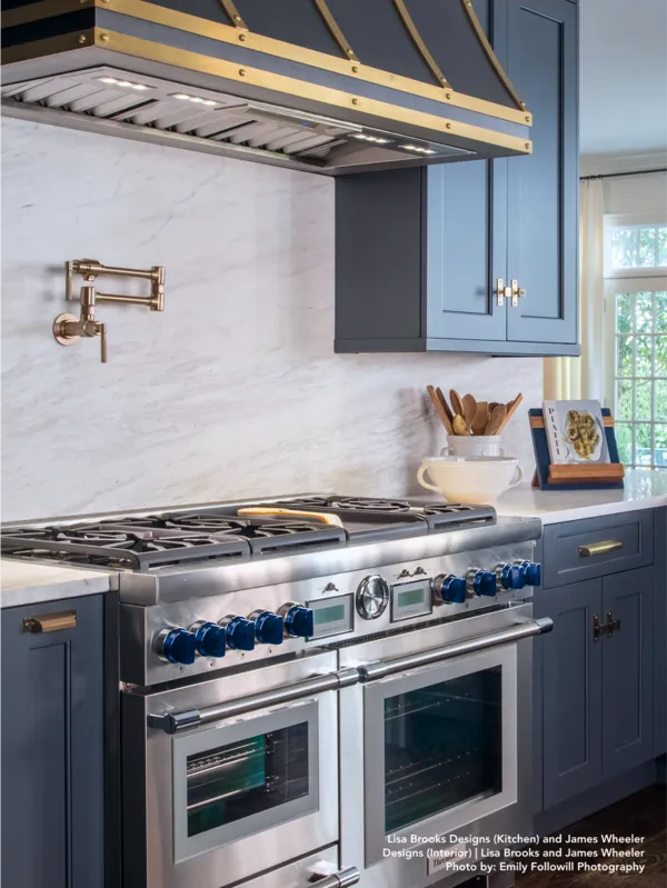 Thermador 48-inch range with steam oven and blue knobs in blue kitchen