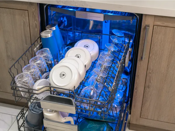 thermador luxury custom panel dishwashers open with top and bottom rack out