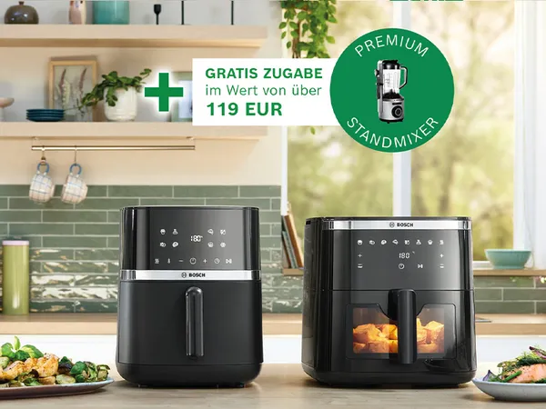 Zwei Bosch Aifryer auf eine grünen Küchenzeile.