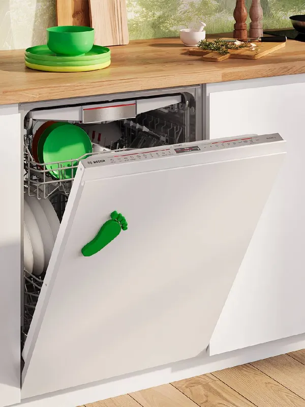 Lavastoviglie bianca aperta con piatti puliti all'interno, dotata di manico verde a forma di piede, inserita in una cucina moderna con dettagli in legno.