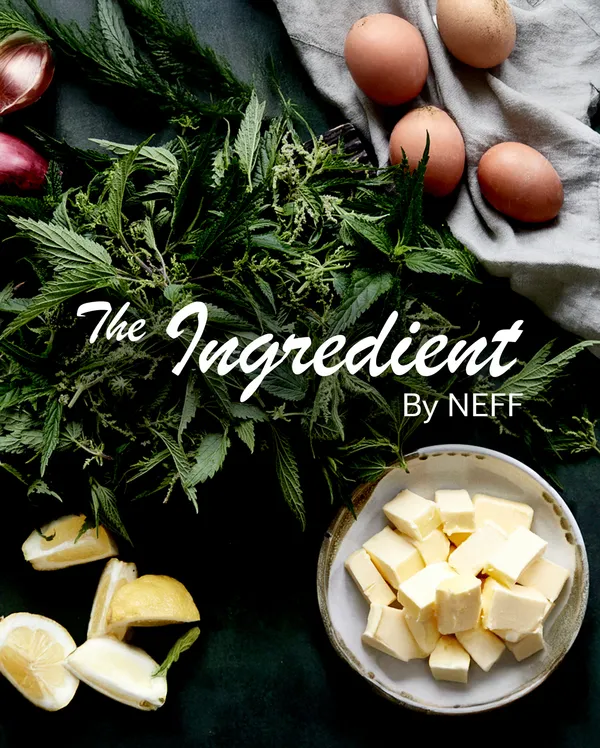 Un étalage dynamique d'ingrédients frais, notamment des herbes, des oignons, des œufs et du beurre, avec « L'ingrédient de NEFF » en bonne place.