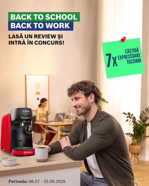 O promoție colorată pentru un concurs cu premii constând într-o cafetieră, cuprinzând un Bosch Tassimo, cești de cafea și detalii despre concurs.