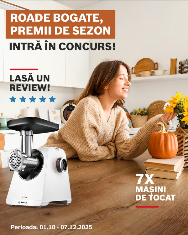O promoție colorată pentru un concurs cu premii constând într-o mașină de tocat multifuncțională Bosch