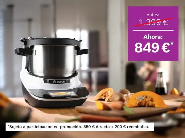 Alt text: Imagen del robot multifunción Cookit de Bosch con una caja magenta indicando un precio de oferta.