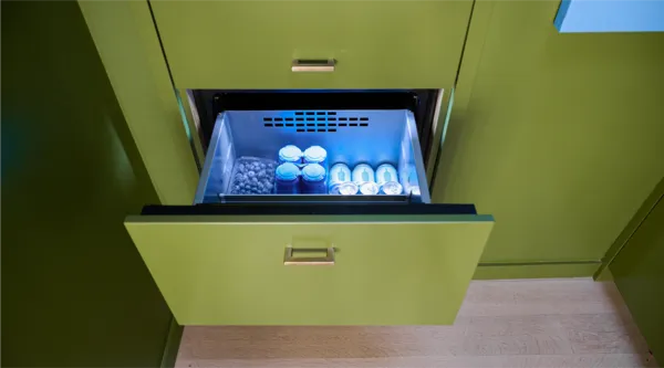 thermador kips bay new york decorator show house hundiford design studio green loft under counter drawer open