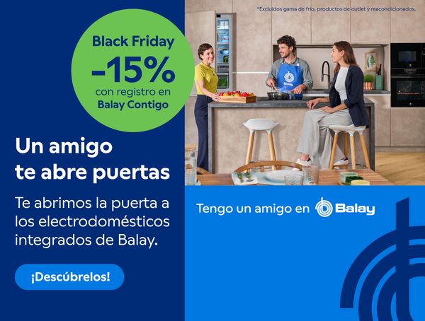Imagen de cocina con electrodomésticos en Serie Cristal Negro, con texto anunciando Black Friday para los amigos de Balay. Hasta 15% de descuento para usuarios registrados en Balay Contigo, con el cupón BLACKBALAY, hasta el 1 de diciembre. 