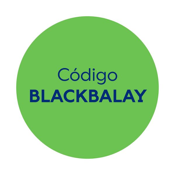 Círculo verde con texto azul anunciando “Código BLACKBALAY”