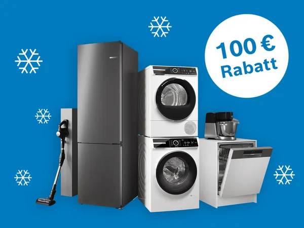 Haushaltsgeräte auf blauem Hintergrund mit Schneeflocken und dem Hinweis, dass es bis zu 100 € Rabatt im Bosch Online Shop gibt