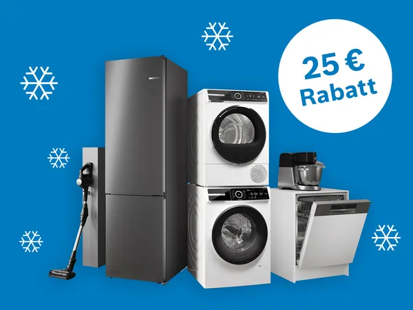Haushaltsgeräte auf blauem Hintergrund mit Schneeflocken und dem Hinweis, dass es bis zu 100 € Rabatt im Bosch Online Shop gibt