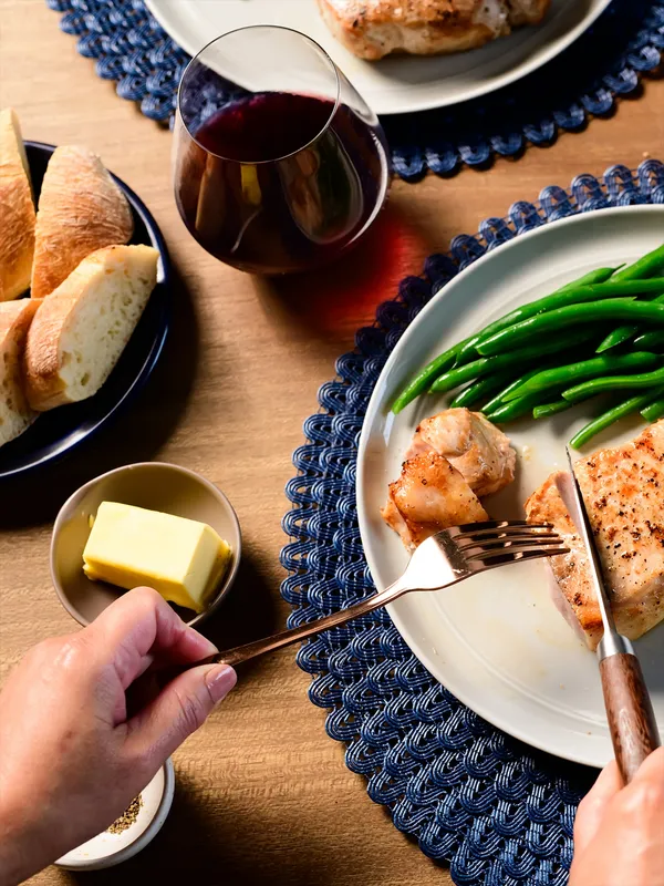 thermador recipes by air sous vide mode with meal on blue placemat