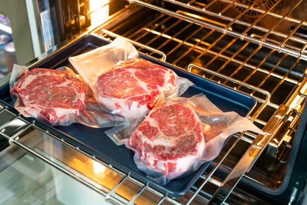 thermador air sous vide mode sealed steaks on baking sheet inside oven