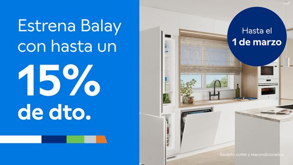 Composici&oacute;n de imagen de cocina blanca y texto anunciando rebajas en toda la web de Balay, excepto outlet y reacondicionados, de hasta un 15% con el cup&oacute;n REBAJASINVIERNO, y un bolo anunciando "Hasta el 1 de marzo".