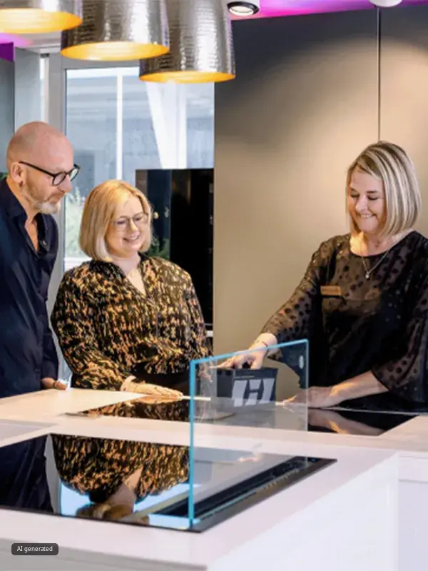 People being shown the workings of a Siemens vented hob by a specialist