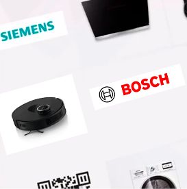 Logotypy Siemens i Bosch, czarny robot sprzątający, okap, pralka i kod QR na białym tle.