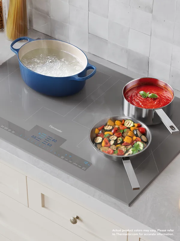 Theramdor liberty induction cooktop with blue dutch oven boiling water 