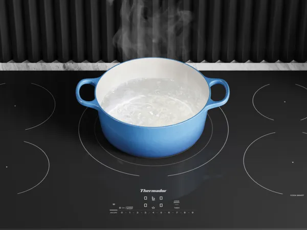 Thermador hertiage induction cooktop with blue dutch oven boiling water