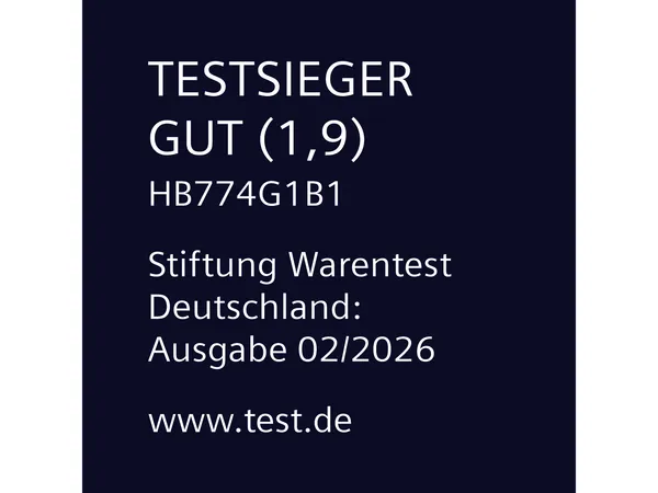 Weißer Text auf dunkelblauem Hintergrund mit den Worten 'TESTSIEGER GUT (1,9) HB774G1B1 Stiftung Warentest Deutschland: Ausgabe 02/2026 www.test.de'