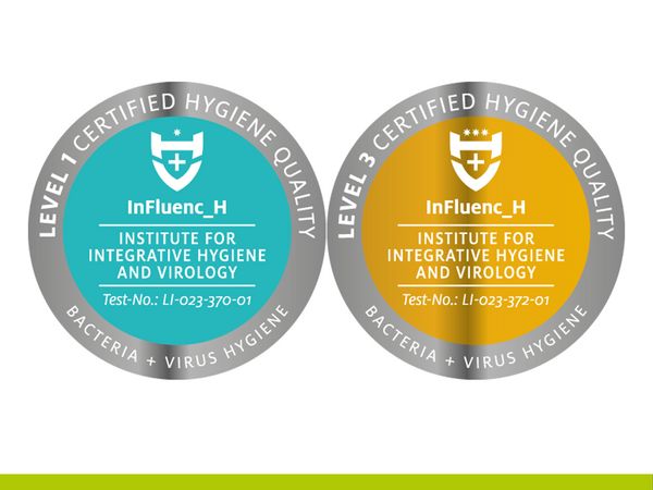 Offizielle Hygiene-Siegel des Instituts f&uuml;r integrative Hygiene und Virologie f&uuml;r Stufe 1 (t&uuml;rkis) und Stufe 3 (gold).