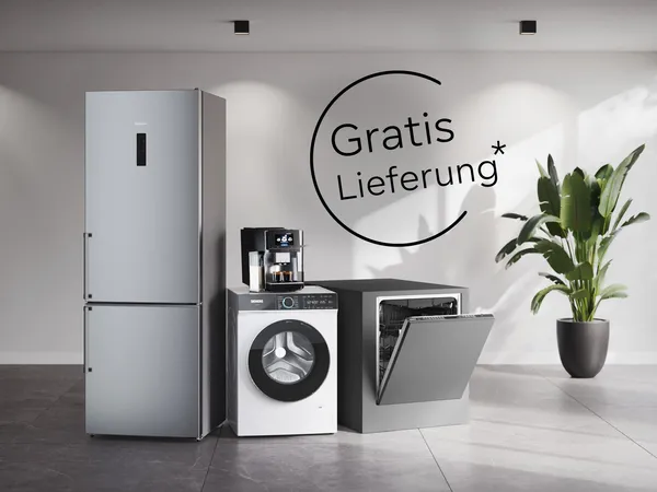 Kühlschrank, Waschmaschine, geöffneter Geschirrspüler und Kaffeemaschine in modernem Raum mit großem Fenster und Pflanze, Text 'Gratis Lieferung*'