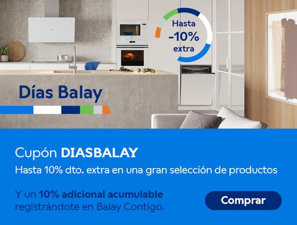 Imagen de cocina blanca con electrodom&eacute;sticos Balay y texto "D&iacute;as Balay, hasta -10% extra en una gran selecci&oacute;n de productos. Reg&iacute;strate en Balay Contigo y consigue otro 10% acumulable. Promoci&oacute;n v&aacute;lida hasta el 30 de abril.