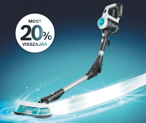 Egy kék és türkiz árnyalatú reklámgrafika, amelyen egy vezeték nélküli álló porszívó látható átlós elhelyezésben. A porszívó fekete, szürke és fehér színű, a tisztítófe víztartálya áttetsző türkiz. A fej alatt vízszerű, örvényszerű hatás jelenik meg, ami a padló tisztítását jelképezi. A kép bal oldalán egy kör alakú promóciós piktogram látható 20%-kal.
