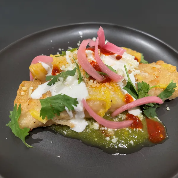 Enfrijoladas plated with black bean sauce and garnished with cheese and fresh cilantro
