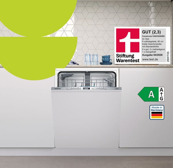 Constructa vollintegrierter Geschirrsp&uuml;ler CG6VX02EBD, ausgezeichnet von der Stiftung Warentest mit dem Siegel "GUT (2,3)". 