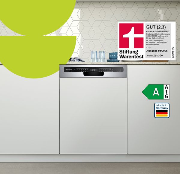 Constructa teilintegrierter Geschirrsp&uuml;ler CG6IS02EBD, ausgezeichnet von der Stiftung Warentest mit dem Siegel "GUT (2,3)" und als "Preistipp" empfohlen.