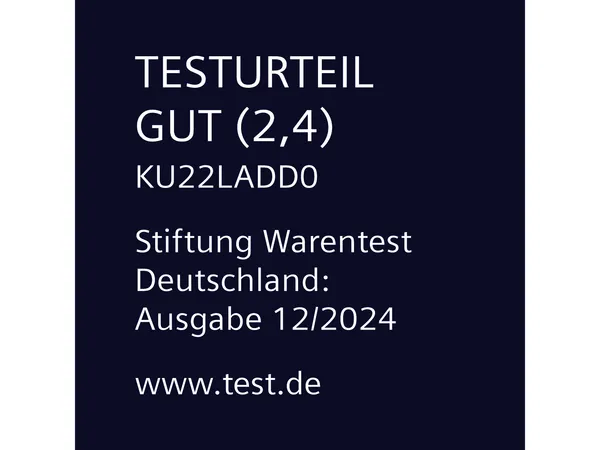 Unterbau-Kühlschrank mit Gefrierfach KU22LADD0 wurde im Test 12/2024 der Stiftung Warentest Deutschland mit dem Testurteil GUT (2,4) bewertet