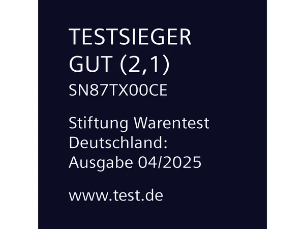 Vollintegrierter Geschirrspüler SN87TX00CE wurde im Test 04/2025 der Stiftung Warentest Deutschland mit dem Testurteil GUT (2,1) als Testsieger bewertet