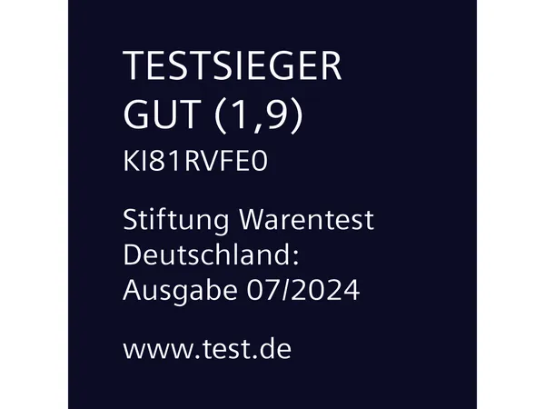 Einbau-Kühlschrank KI81RVFE0 wurde im Test 07/2024 der Stiftung Warentest Deutschland mit dem Testurteil GUT (1,9) als Testsieger bewertet