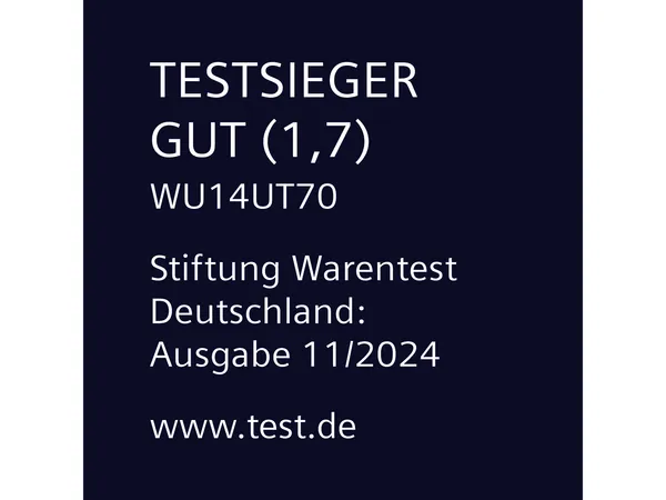 Waschmaschine WU14UT70 wurde im Test 11/2024 der Stiftung Warentest Deutschland mit dem Testurteil GUT (1,7) als Testsieger bewertet