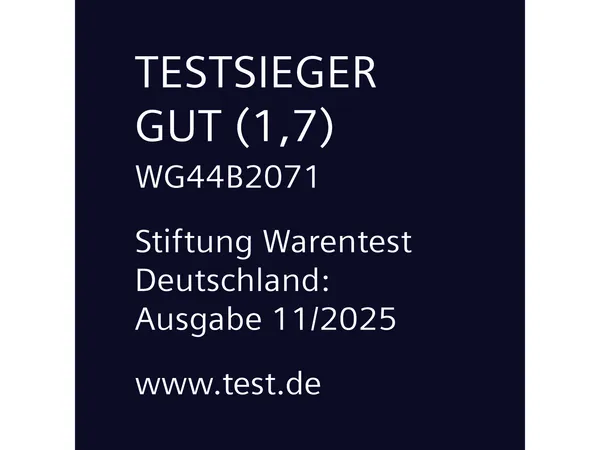 Waschmaschine WG44B2071 wurde im Test 11/2025 der Stiftung Warentest Deutschland mit dem Testurteil GUT (1,7) als Testsieger bewertet