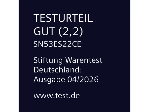 Teilintegrierter Geschirrspüler SN53ES22CE wurde im Test 04/2026 der Stiftung Warentest Deutschland mit dem Testurteil GUT (2,2) bewertet