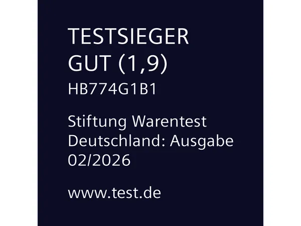 Einbau-Backofen HB774G1B1 wurde im Test 02/2026 der Stiftung Warentest Deutschland mit dem Testurteil GUT (1,9) als Testsieger bewertet