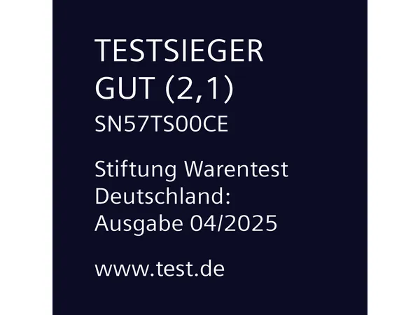 Teilintegrierter Geschirrspüler SN57TS00CE wurde im Test 04/2025 der Stiftung Warentest Deutschland mit dem Testurteil GUT (2,1) als Testsieger bewertet
