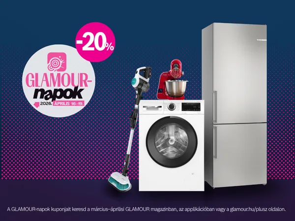 Promóciós kép a Glamour-napokról, amely 20% kedvezményt hirdet háztartási gépekre 2026. április 16. és 19. között. A kuponok a Glamour magazinban és a glamour.hu-n érhetők el.