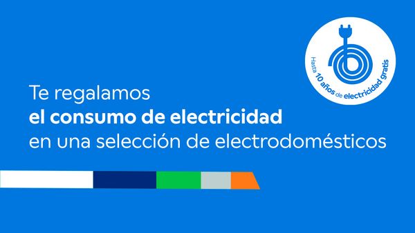 Texto sobre fondo azul "Te regalamos el consumo de electricidad en una selecci&oacute;n de electrodom&eacute;sticos", acompa&ntilde;ado del logotipo de la promoci&oacute;n y una franja de colores.