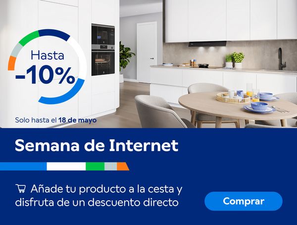Imagen de cocina con electrodom&eacute;sticos integrados y texto "Semana de Internet: -5% extra utilizando el cup&oacute;n SEMANABALAY antes de finalizar tu compra".