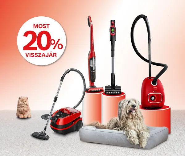 Bosch reklámgrafika lazacpiros-fehér színvilágban. A felső részen a Bosch logó és a szöveg: „Állati nagy tisztaság! Bosch ProAnimal porszívók 20% pénzvisszatérítéssel.” A promóció időszaka: 2026.06.01–08.31 látható. Bal oldalon egy fehér körben nagy piros felirat: „Most 20% visszajár”. A kép alsó részén négy piros Bosch porszívó szerepel különböző típusokban: porzsákos, nedves-száraz és álló vezeték nélküli modellek. A porszívók mellett egy hosszú szőrű kutya fekszik párnán, bal oldalon pedig egy világosbarna macska ül. Az alsó részen apró betűs promóciós tájékoztató olvasható.