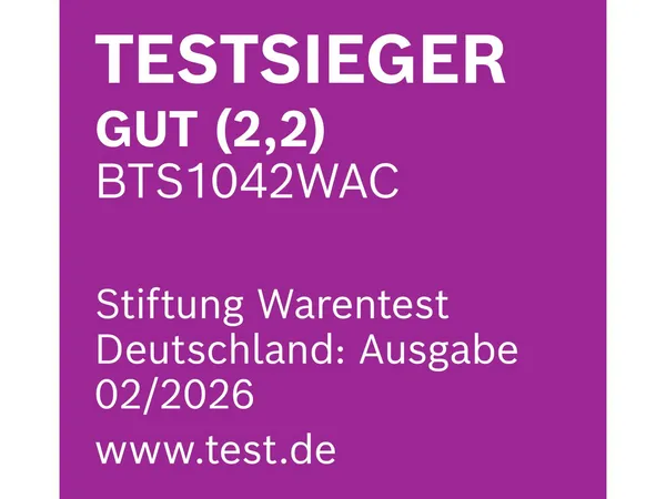 Akku-Staubsauger BTS1042WAC wurde im Test 02/2026 der Stiftung Warentest Deutschland mit dem Testurteil GUT (2,2) als Testsieger bewertet