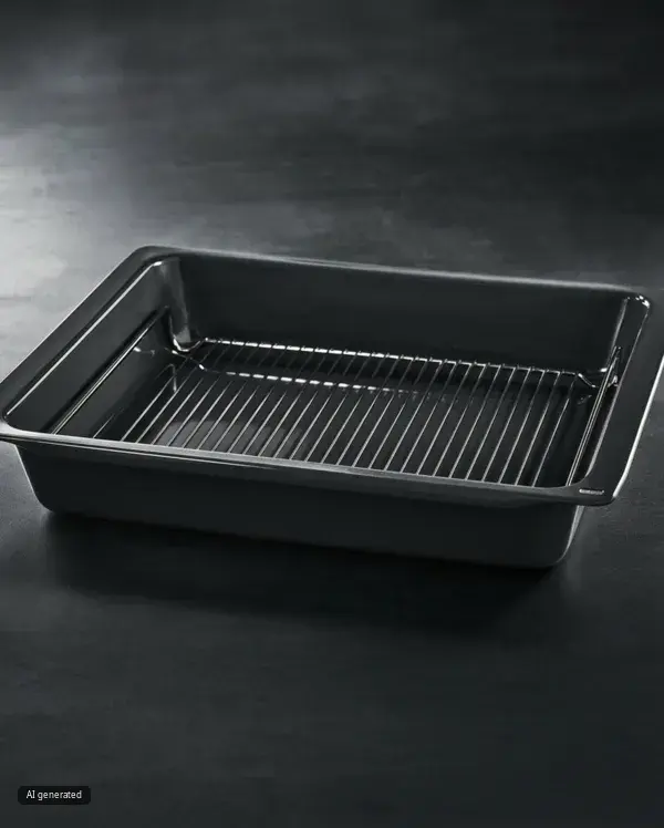 Svart bakplåt i metall med grillgaller på mörk bakgrund.