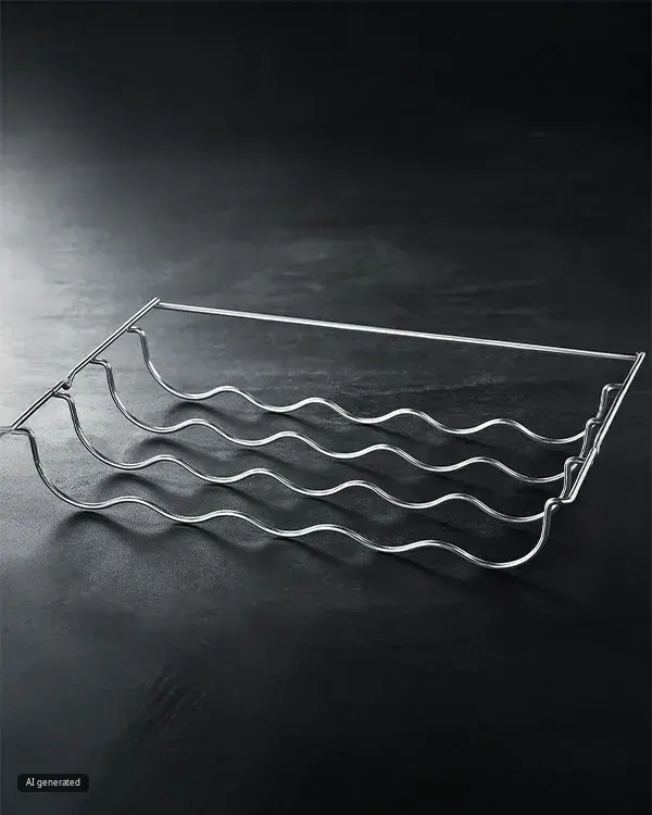 Glass wine rack with wavy design on dark background.
