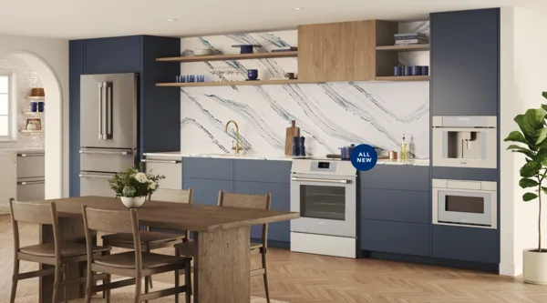 thermador leap into luxury induction lux range slide in masterpiece blue kitchen 