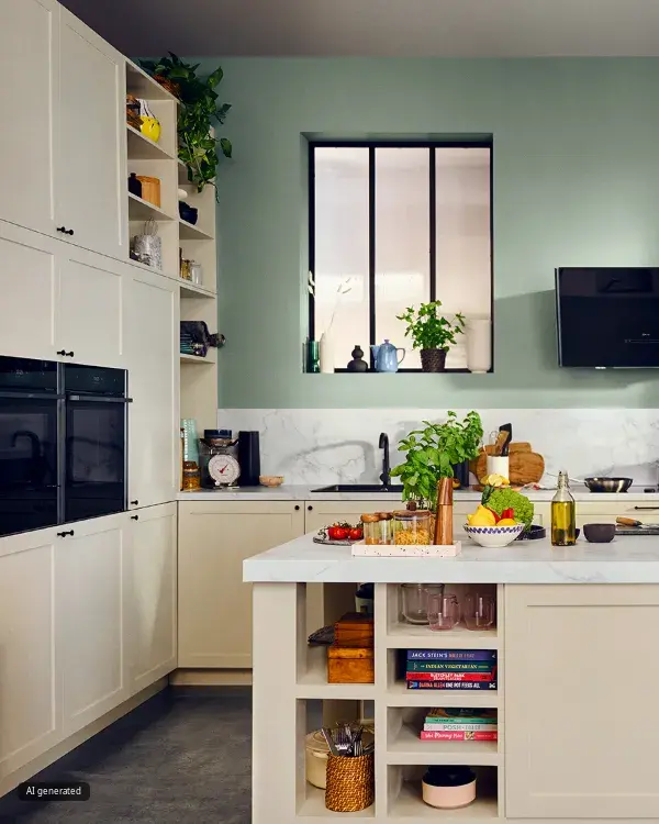 Link zur Küchenplanung, mit einer cremefarbenen Shaker Küche mit Kücheninsel und grüner Wand