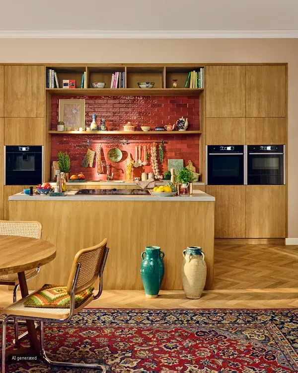 Link zu Küchen Designs, eine Küche aus Holz mit roten Fliesen, Doppelbackofen und einer großen Kücheninsel