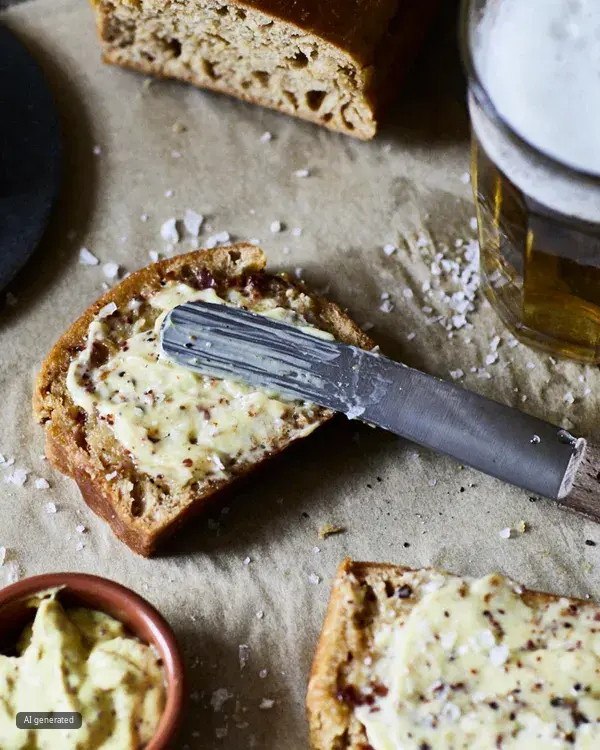 Link zu Rezepten, eine Scheibe Brot mit Butter und einem Messer