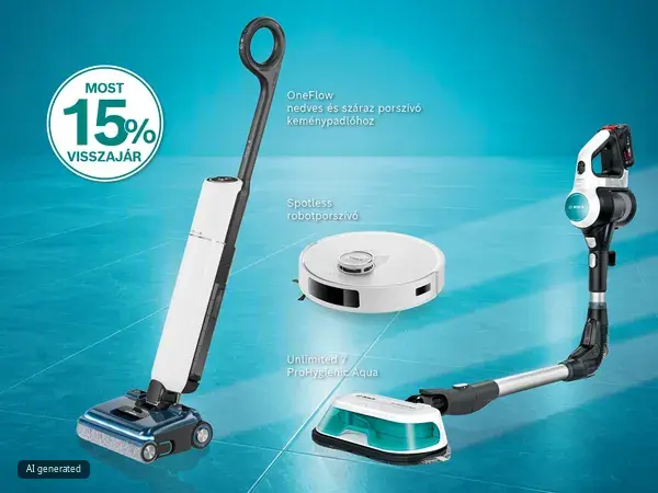 Bosch reklámgrafika. Égszínkék háttéren és kék, csillogóan tiszta járólapon látható Bisch robotporszívó, Unlimited vezetéknélküli porszívó és felsmosó, és az új Floorwasher nedves-száraz keménypadló tisztító egy 15% pénzvisszatérítés fehér piktóval.SSSSSSSSSS